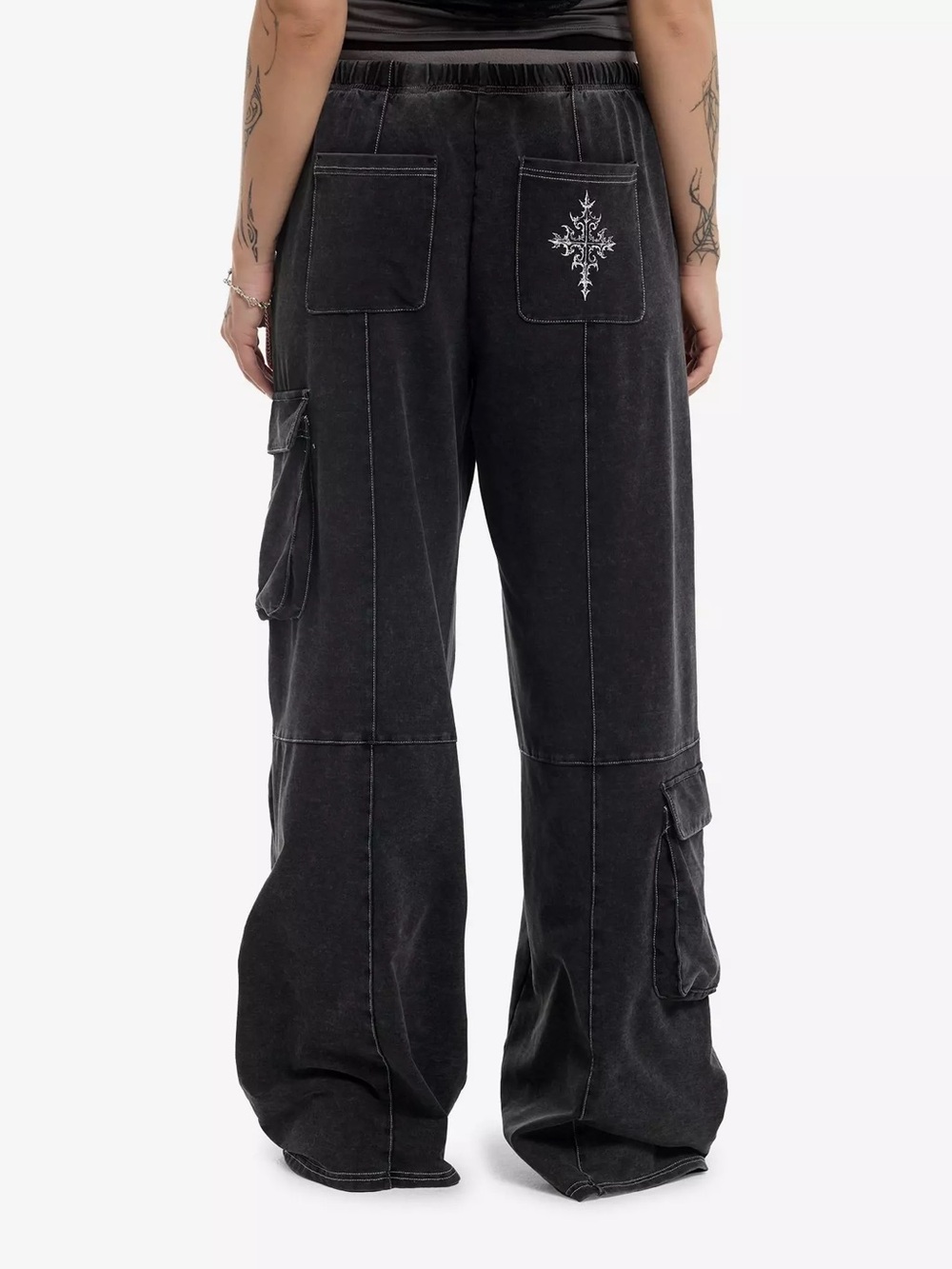Hot Topic Grey Gothic Cross Cargo Wide Leg Sweatpants Baggy Double Waistband S - Picture 2 of 10